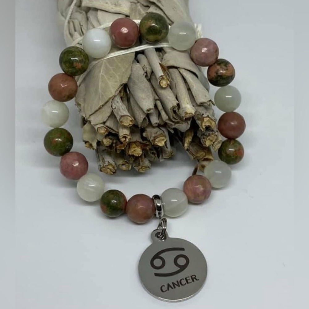 Zodiac Cancer Semiprecious Stone Beaded Bracelet with Charm